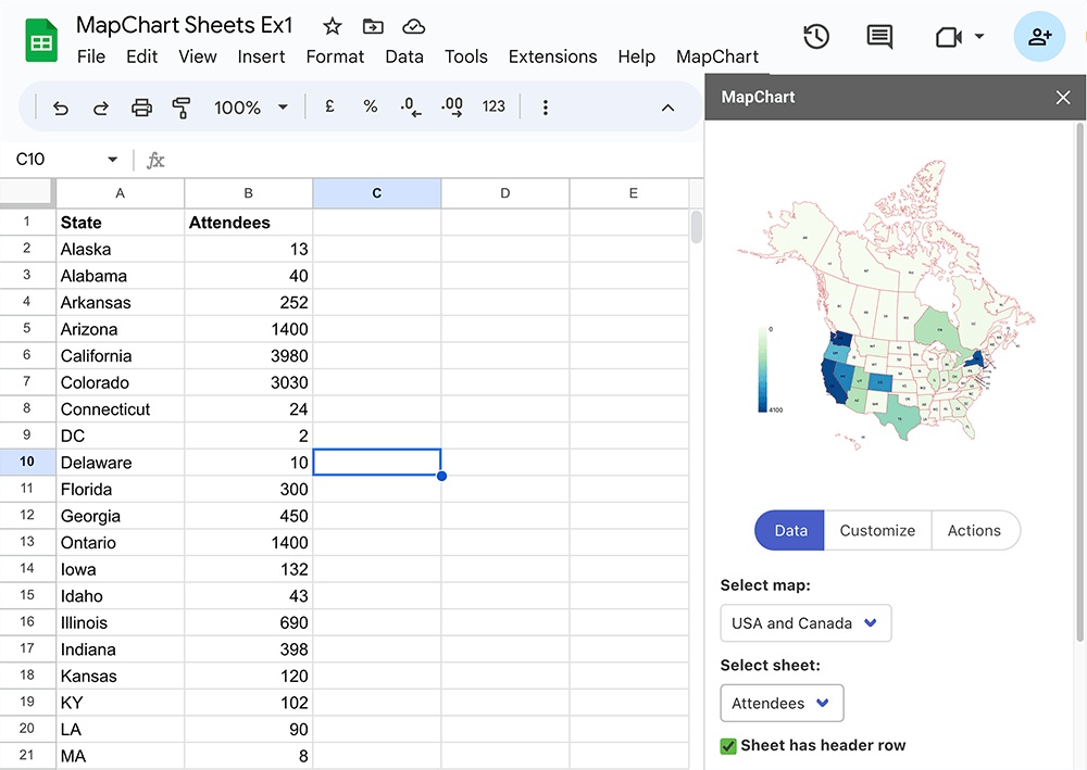 Customizing a US & Canada map with the MapChart add-on for Google Sheets
